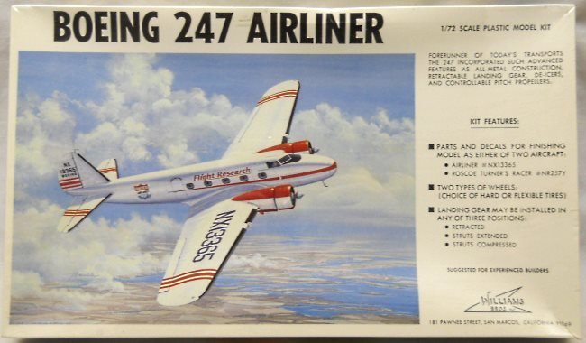 Williams Brothers 1/72 Boeing 247 Airliner - Roscoe Turner Racer or United Air Lines, 72-247 plastic model kit